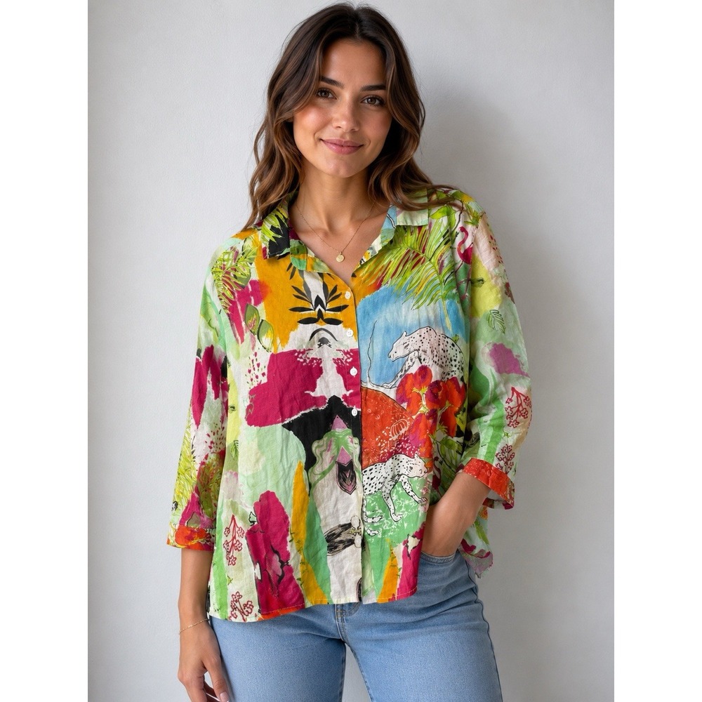 Atelier5 Gozde Yilmaz Linen Modal Safari Animal Print Shirt Top M USA -3455